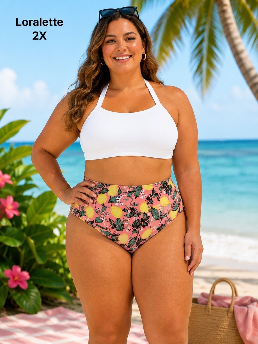 Loralette 2X Lemon Floral High Waist Bikini Bottom Plus Size Pink Swimwear